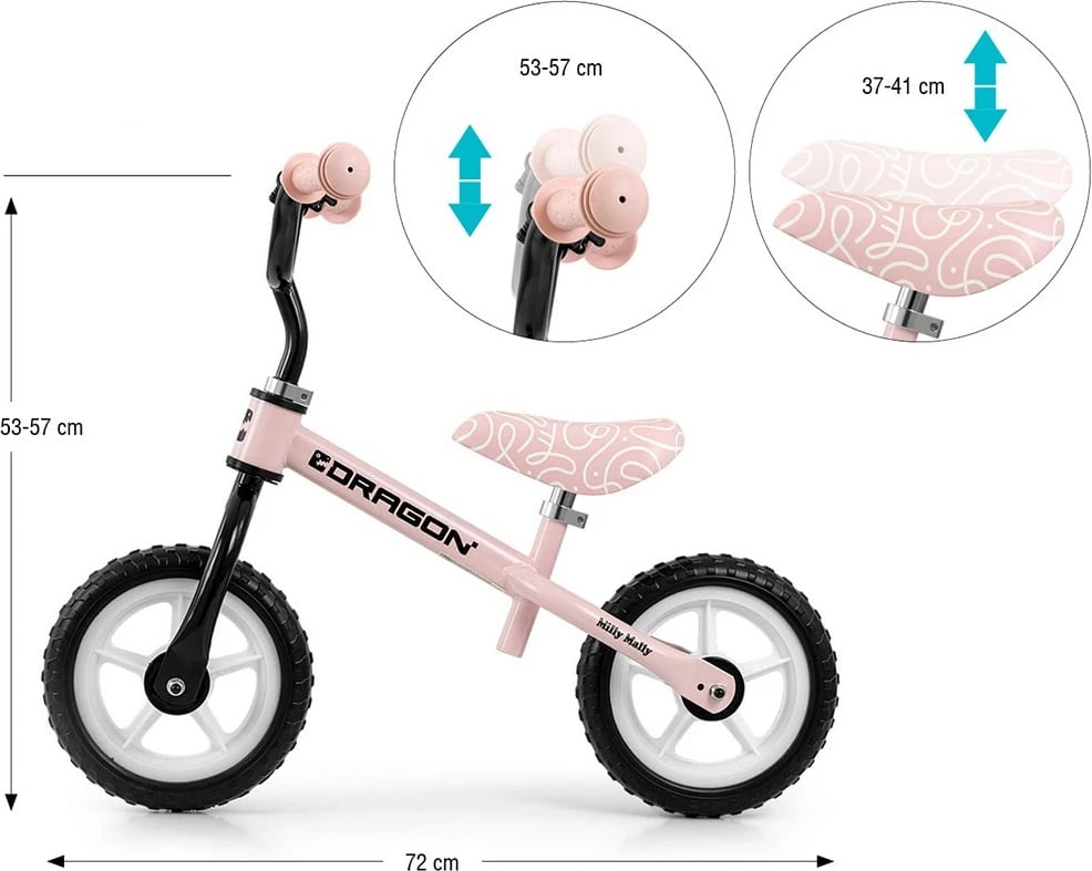 biçikletë ekuilibri MILLY MALLY Dragon 10" rrota shkumë, kornizë çeliku e lehtë, timon/sedilje të rregullueshme, zile, 2–4 vjeç, rozë