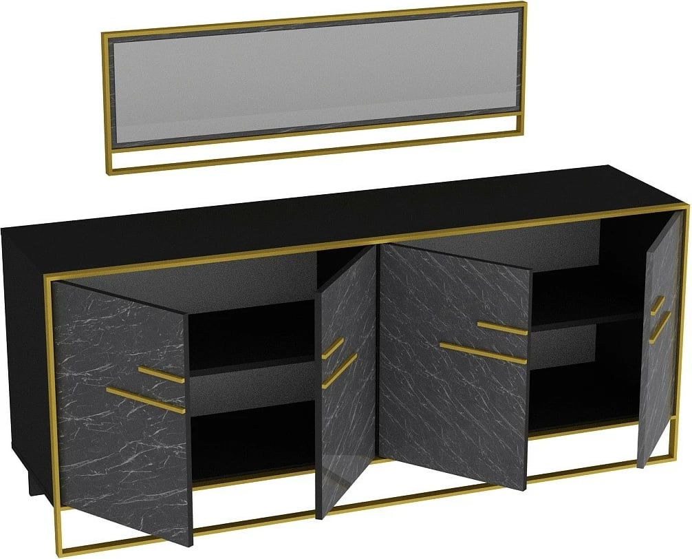Konsolë me pasqyrë, ngjyrë mermeri e zezë, detaje ari, Polka Aynali, Hanah Home
