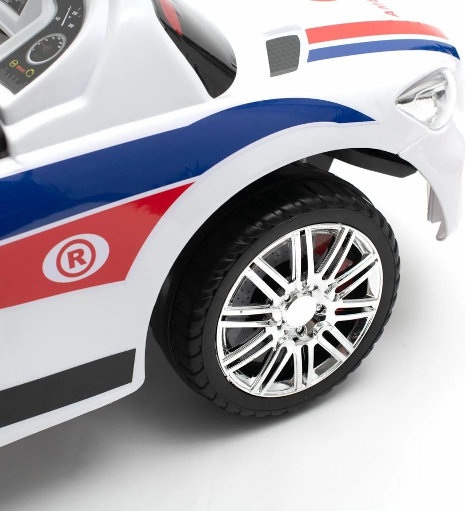 makinë shtytëse (ride-on), Baby Mix, AMBULANCE, me panel zëri dhe shufër drejtimi, rrota të përparme rrotulluese, 12m+, ngarkesë 25 kg, e bardhë