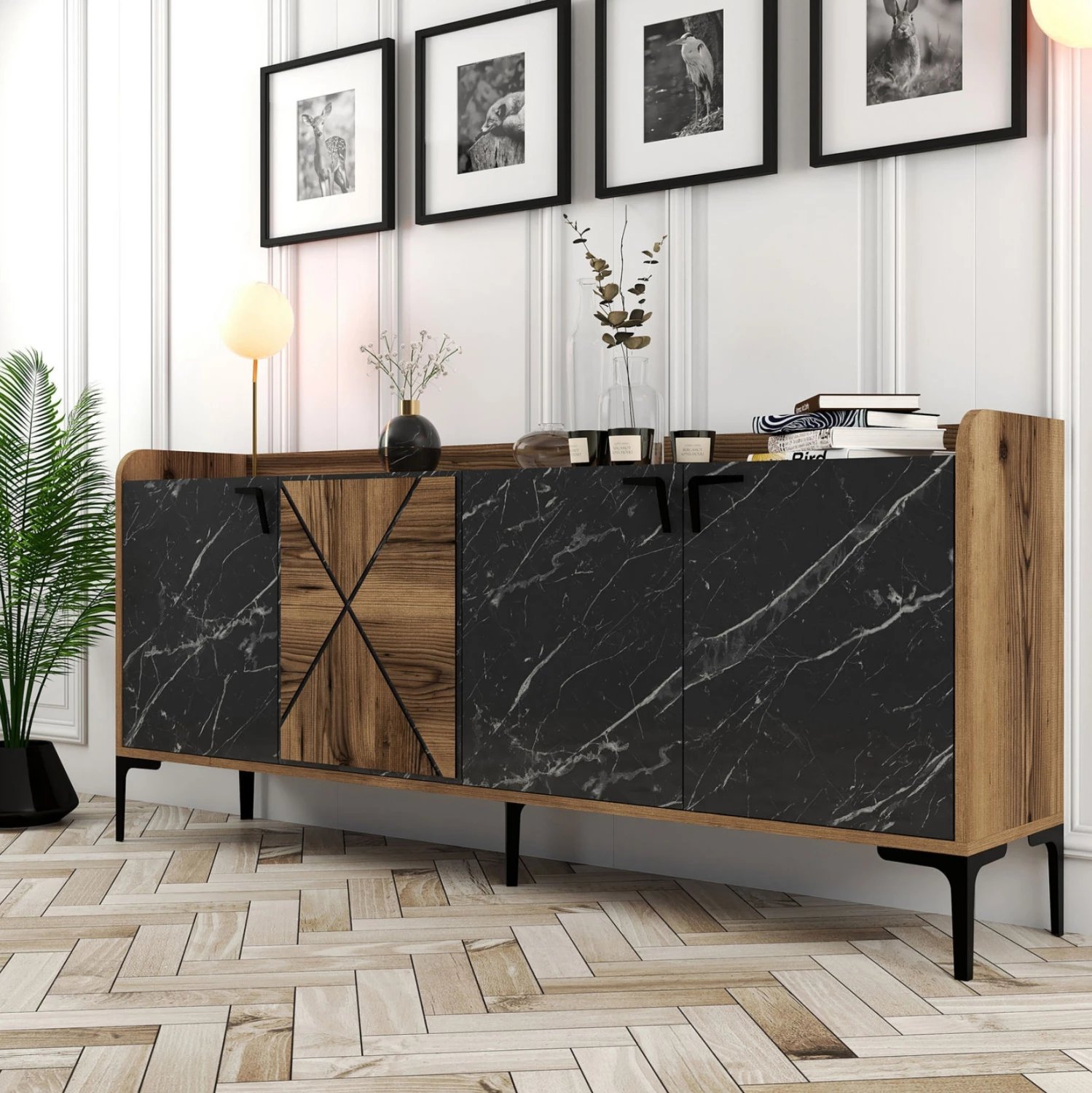 Bufet melamine, ngjyrë arre me dyer pamje mermeri të zi, FH9433.03, 180x35x78 cm