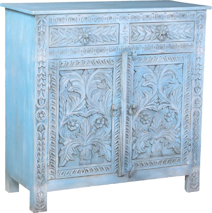 Komodë Sifnos, 2 dyer, 2 sirtarë, ngjyrë kaltër e çelët decape, 90x40x95cm