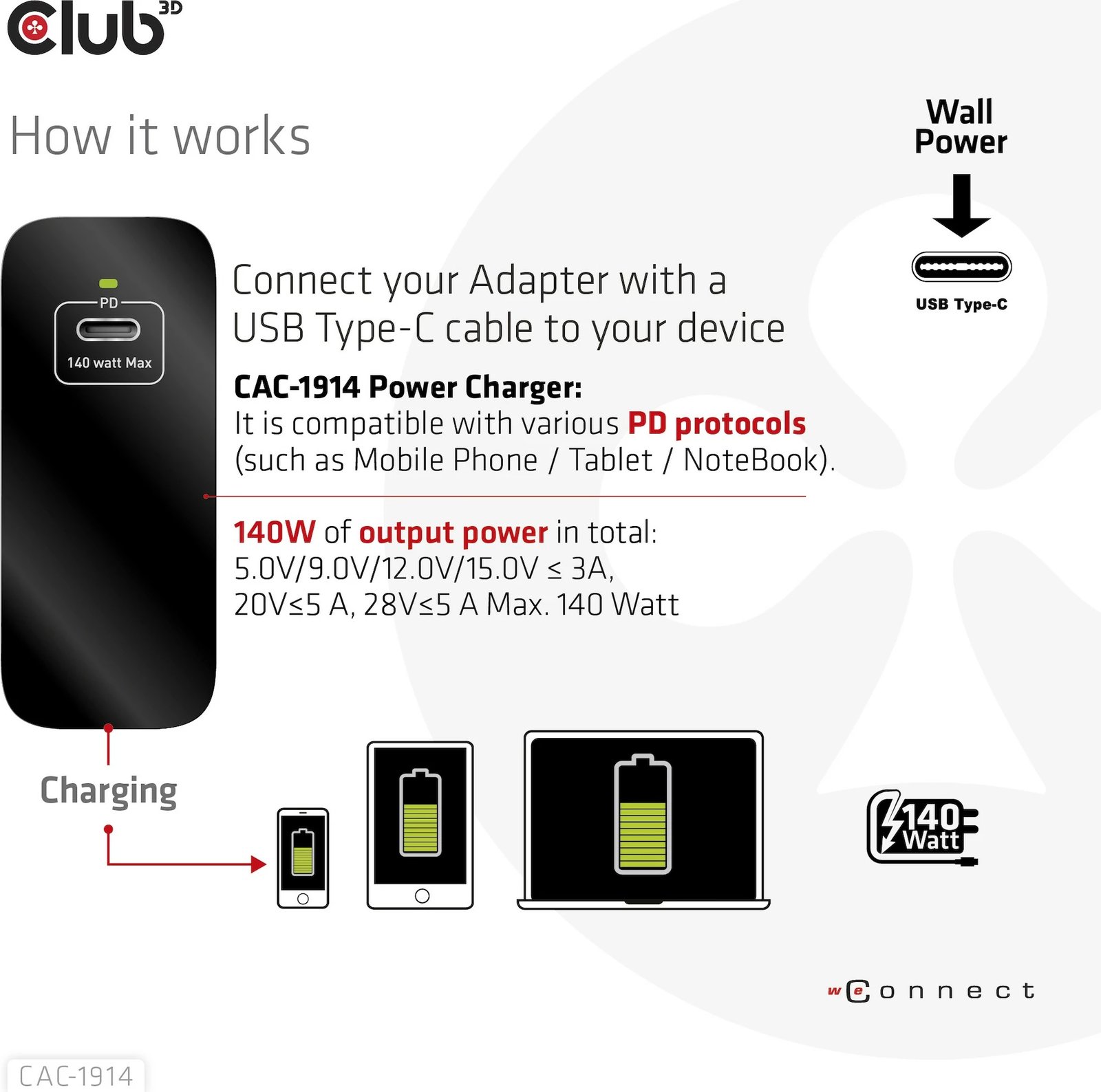 Karikues Club3D 140W, GaN, USB-C, me kabllo USB-C, i zi Karikues Club3D 140W, GaN, USB-C, me kabllo USB-C, i zi
