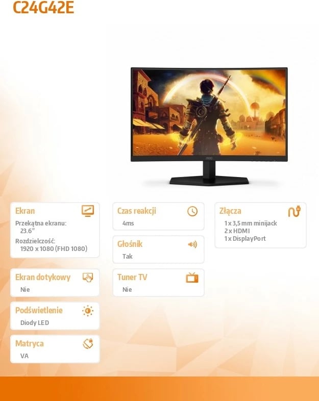 Monitor i lakuar AOC C24G42E, 23.6", 180Hz, VA, FHD, i zi