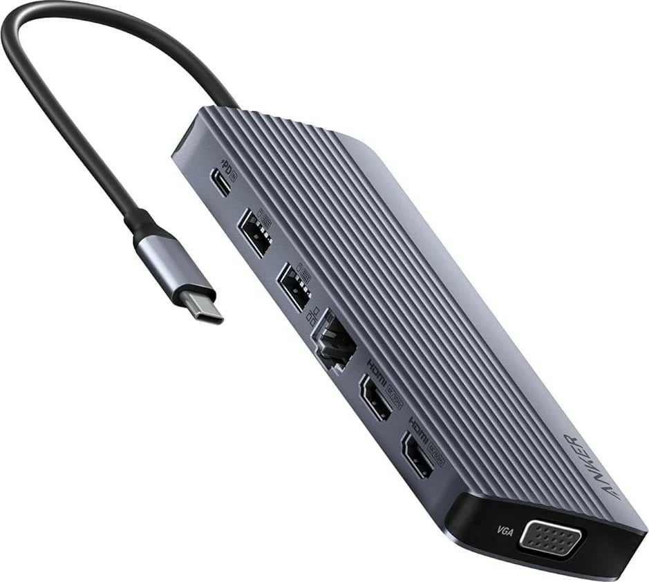 Hub USB-C Anker 14-në-1, Triple Display, VGA, HDMI, Ethernet, USB-C, USB-A, micro SD, Audio, hiri