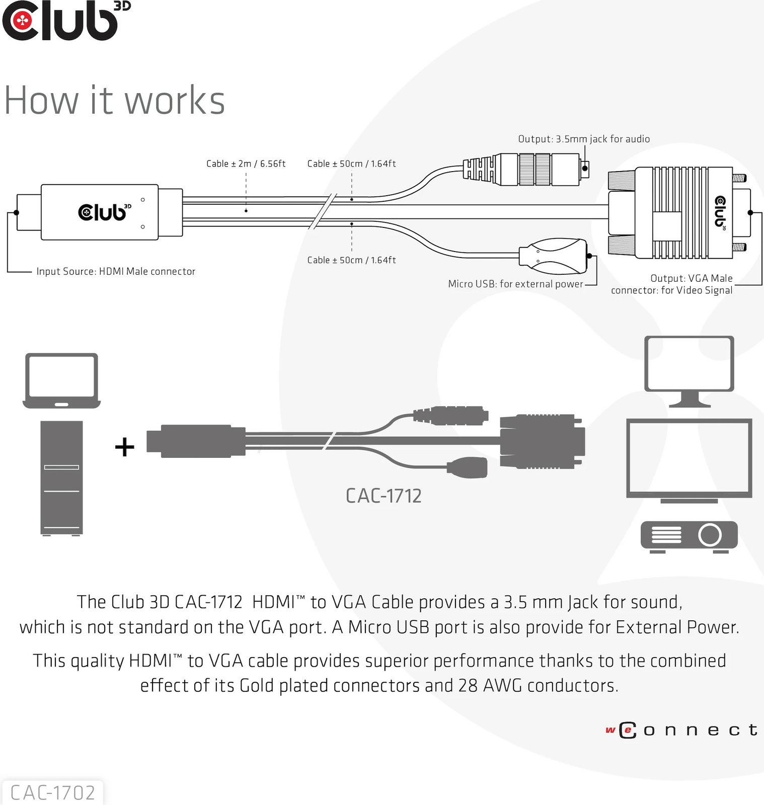 Kabllo HDMI në VGA Club3D CAC-1702, 2m, me audio 3.5mm, e zezë