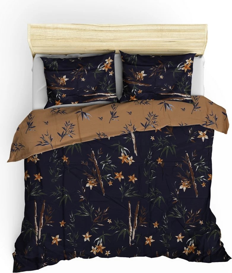 Set mbulesë për jorgan king size, saten, lule, ngjyrë kaltër e errët, kafe, e verdhë Set mbulesë për jorgan king size, saten, lule, ngjyrë kaltër e errët, kafe, e verdhë