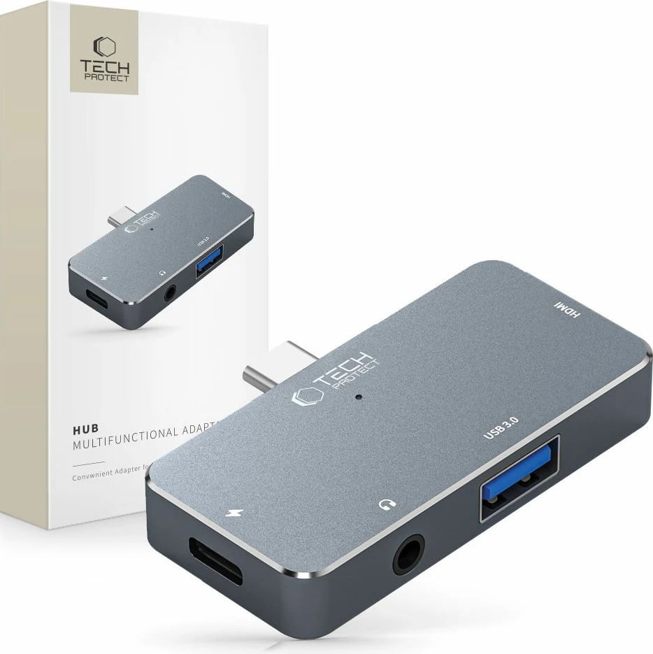 HUB Tech-Protect V6 4in1 USB-C, USB-A 3.0, HDMI, mini jack 3.5mm, gri