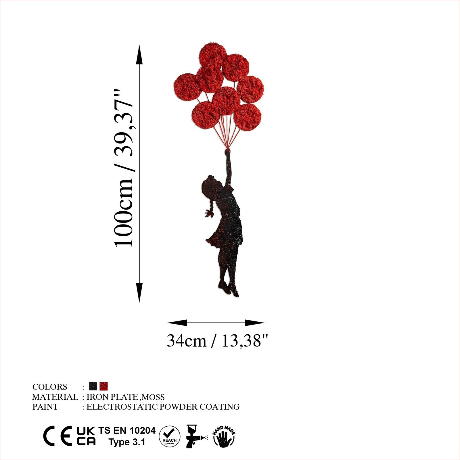 Aksesor dekorativ muri prej metali Wallity, Banksy - 11-1, i kuq dhe i zi, 100x34cm