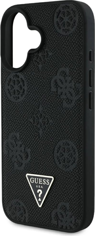 Mbështjellës Guess Grained Hot Stamp Peony Triangle Logo MagSafe për iPhone 16, i zi