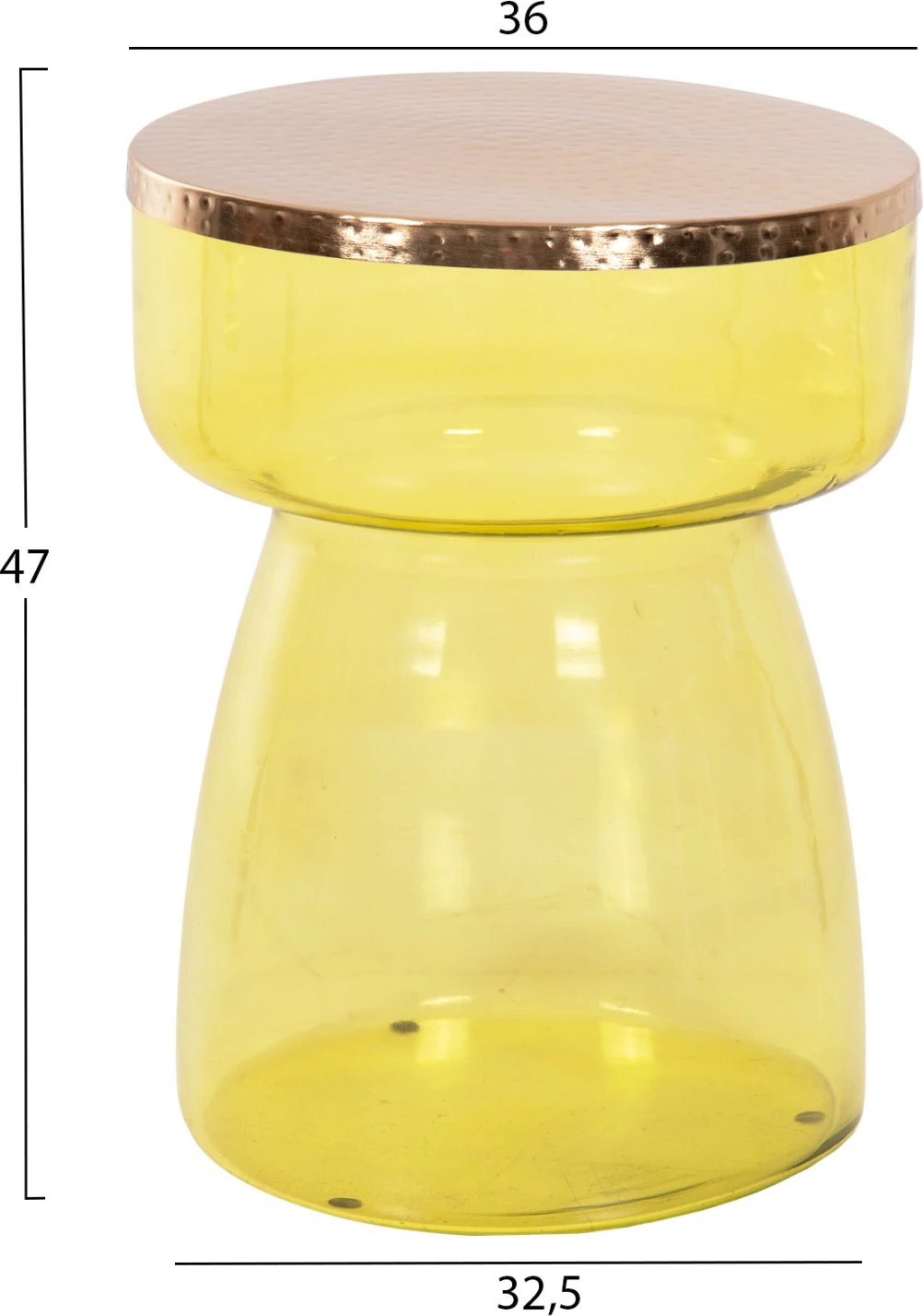 Tavolinë anësore RANE, bazë qelqi e gjelbër e lehtë, sipërfaqe metalike në ar, Φ36x47H cm