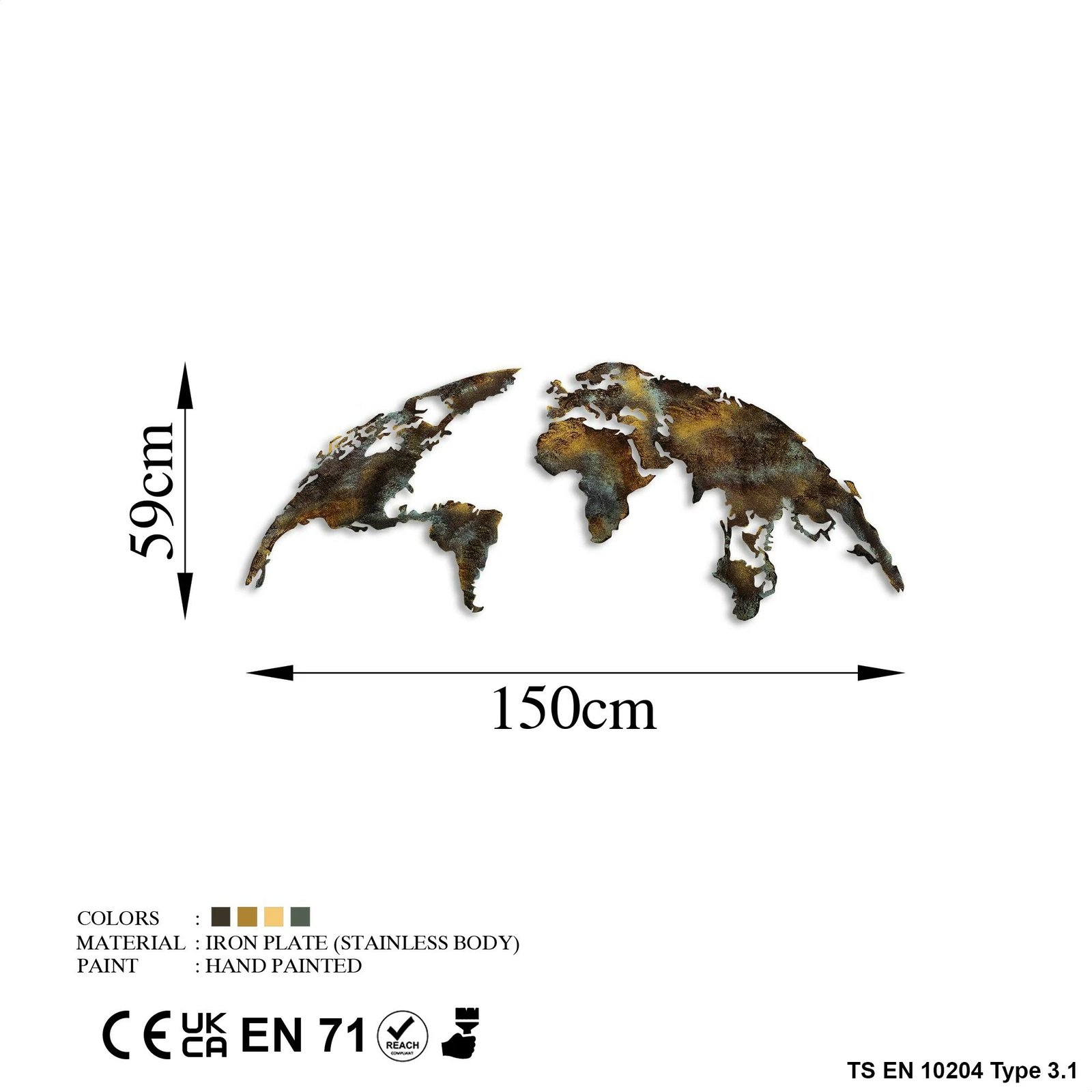 Aksesor dekorativ metalik për mur, hartë bote, madhësi mesatare, Wallity