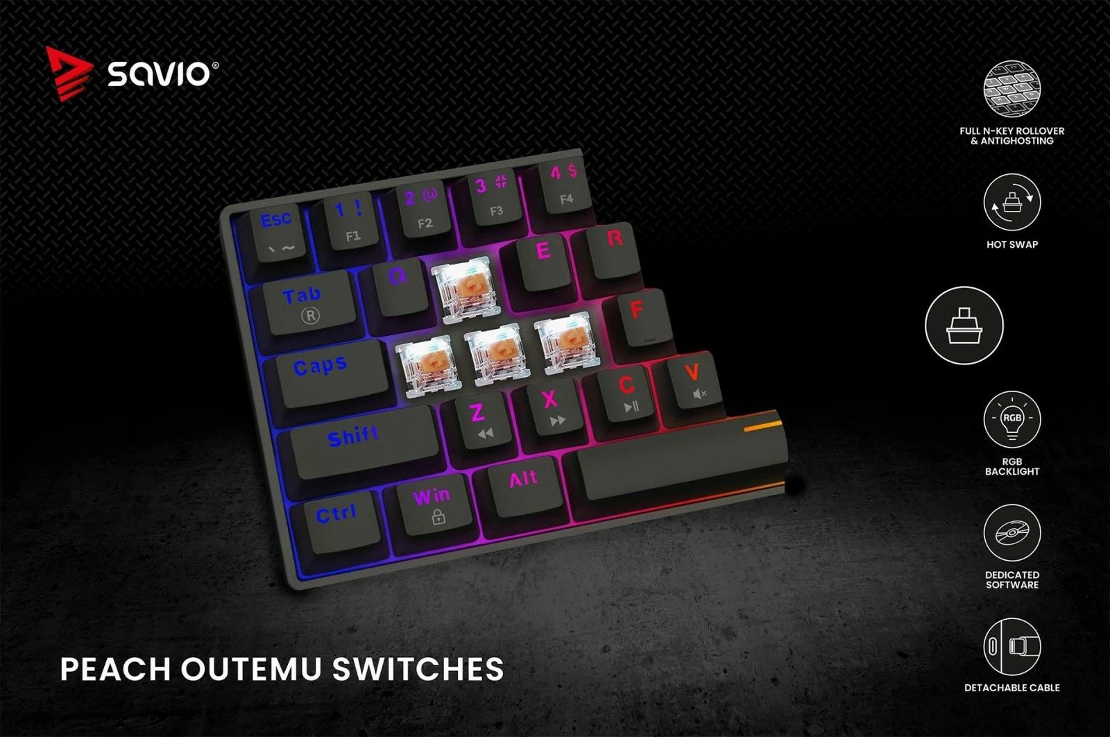 Tastierë mekanike Savio Blackout X2 OUTEMU Peach Silent, 60%, me ndriçim ARGB, e zezë Tastierë mekanike Savio Blackout X2 OUTEMU Peach Silent, 60%, me ndriçim ARGB, e zezë