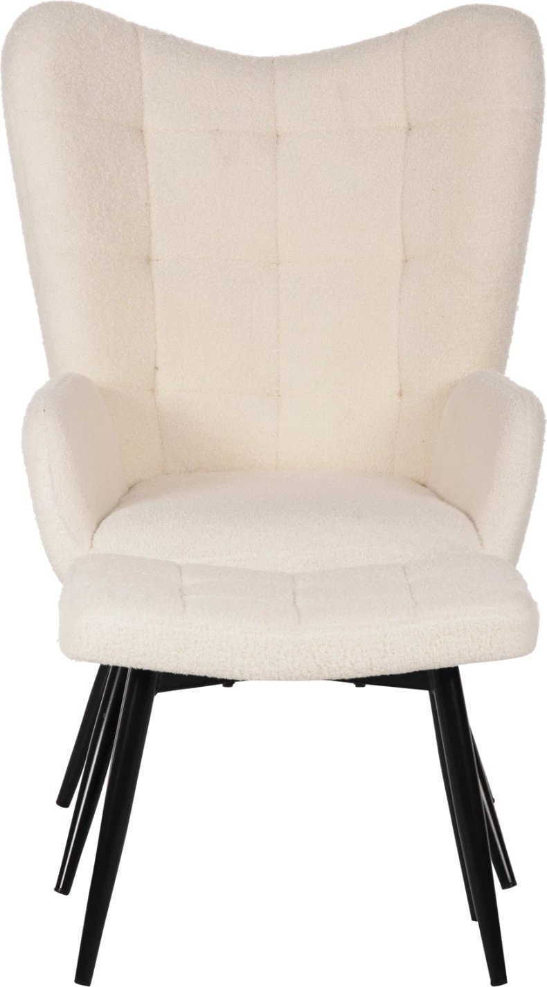 Fotel CRAWLEY me tabure, stof boucle i bardhë, këmbë metalike të zeza, FH8918.25, 70x74x105cm