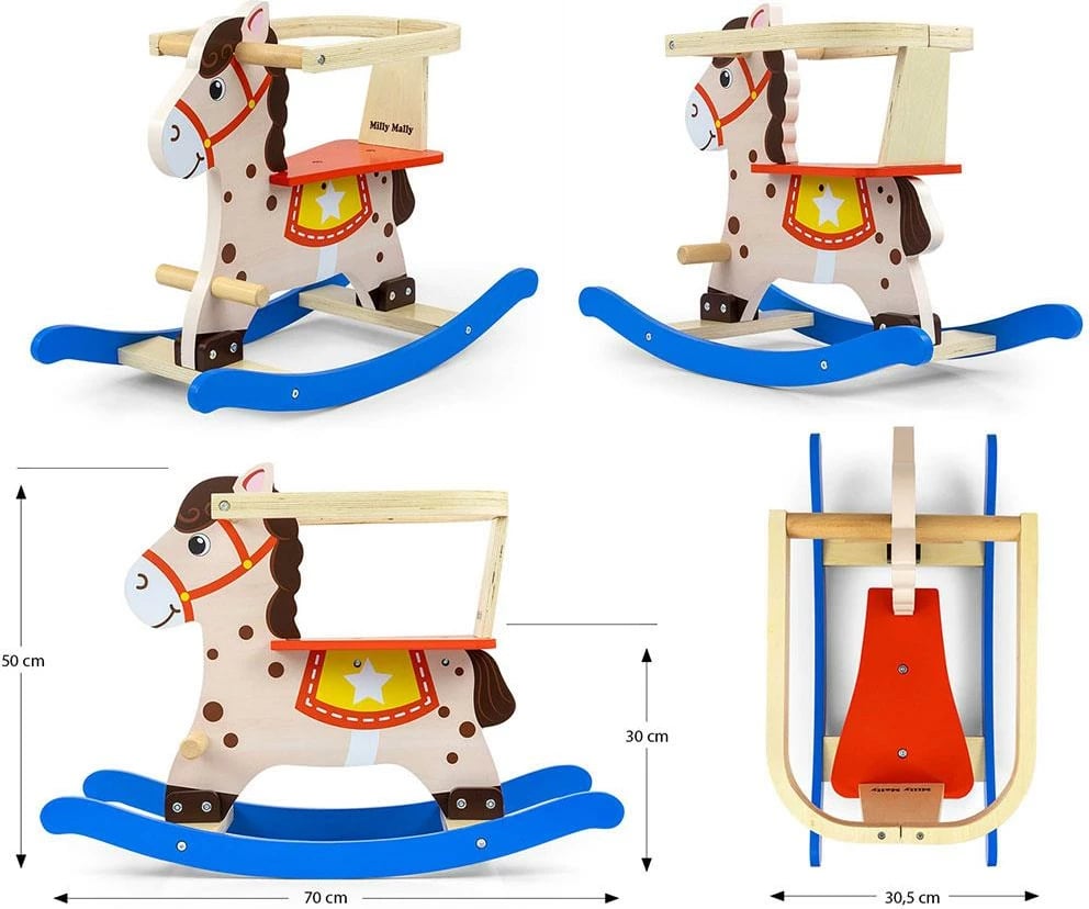 kalë luhatëse druri, Milly Mally Lucky 12, me mbështetëse shpine dhe barriera të heqshme, për fëmijë 12–36 muaj, ngjyrë blu-kuqe