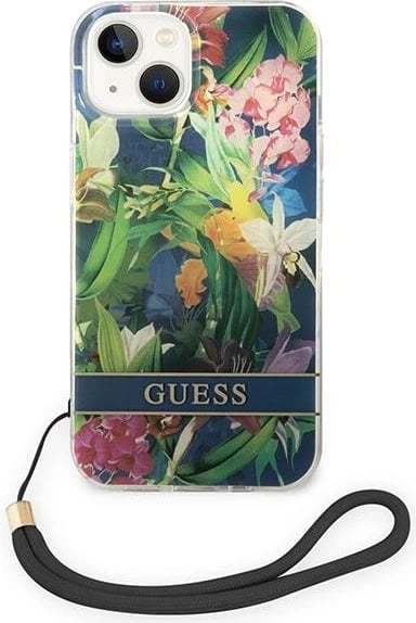 Mbështjellës Guess GUOHCP14SHFLSB për iPhone 14 6.1", Flower Strap, kaltër