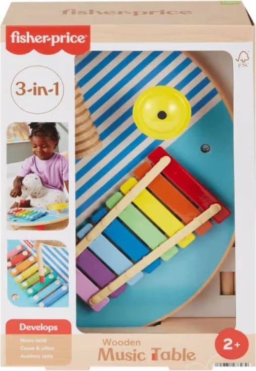 Tavolinë muzikore prej druri Fisher Price HXT91, shumëngjyrëshe, me 2 shkopinj