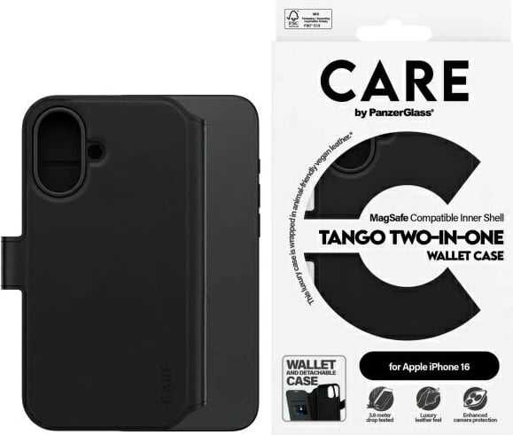 Mbështjellës PanzerGlass CARE Tango 2in1 Wallet për iPhone 16, MagSafe, Zi