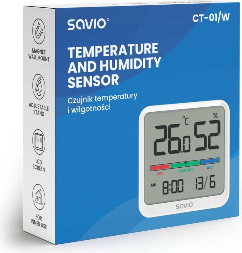 Sensor temperature dhe lagështie Savio CT-01/W, me ekran LCD, orë dhe datë, i bardhë