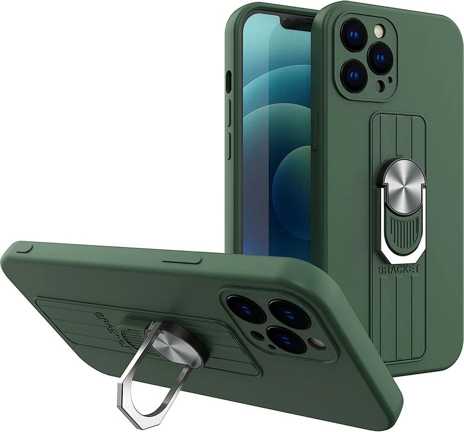 Mbështjellës silikoni Hurtel Ring Case me mbajtëse gishti dhe stand për Samsung Galaxy S21+ 5G, e gjelbër e errët