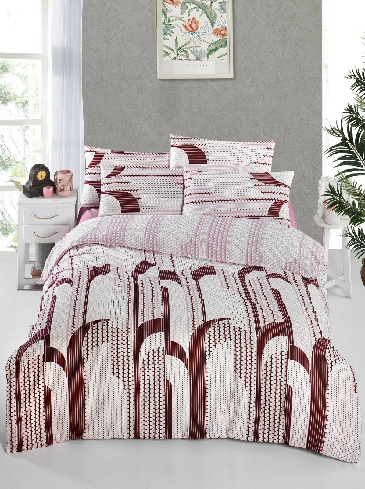 Set mbulesë për jorgan King, Ranforce, ngjyrë e kuqe e errët dhe e bardhë, L'essentiel, Rodya