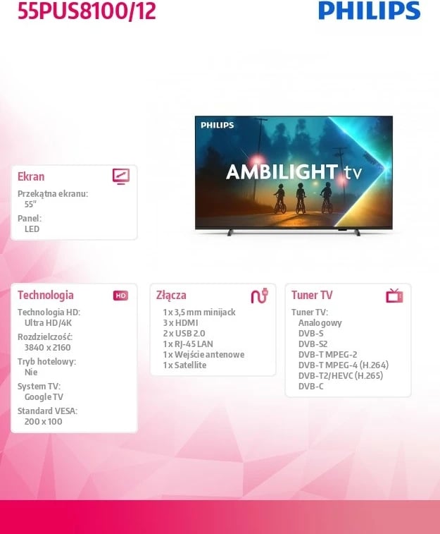 Televizor LED, Philips, 55PUS8100/12, 55", 4K UHD, Ambilight, Google TV, Dolby Atmos, HDR10+, Bluetooth
