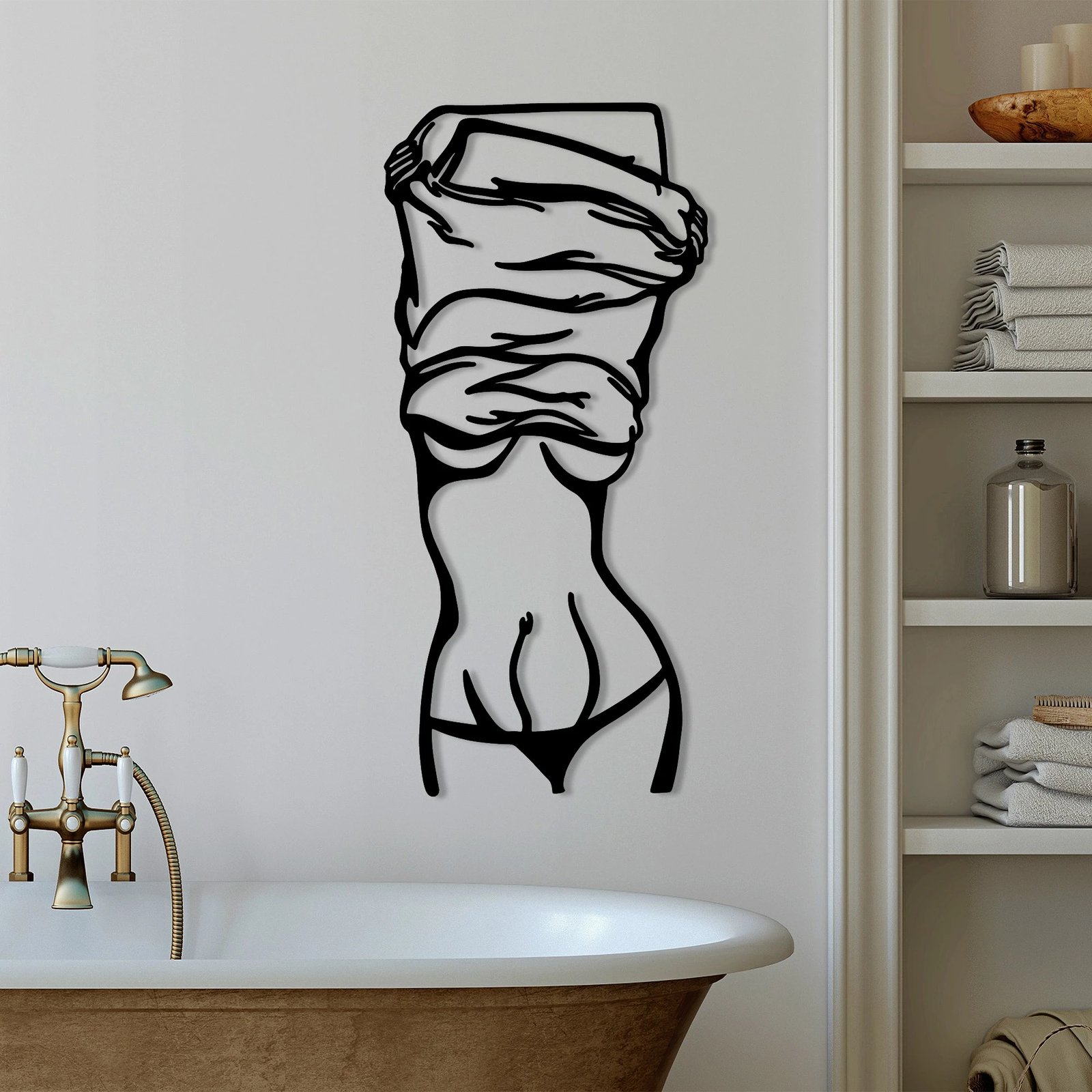 Aksesor dekorativ metalik për mur, siluetë gruaje duke u zhveshë, Wallity, ngjyrë e zezë