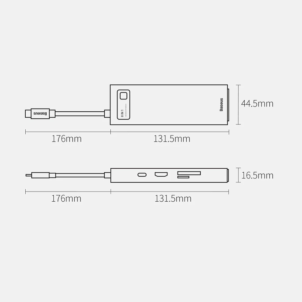 HUB Baseus Metal Gleam 8in1, USB-C, HDMI 4K, RJ45, 100W PD, Gri