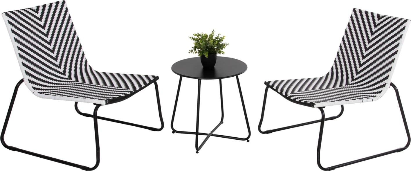 Set salloni për jashtë PONY, FH6081, tavolinë kafeje metalike, 2 karrige, ratan sintetik, zi-bardhë