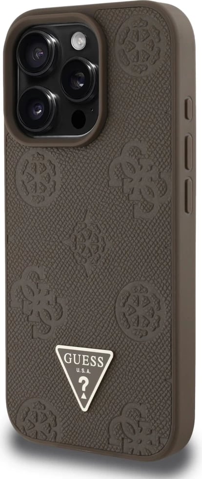 Mbështjellës Guess Grained Hot Stamp Peony Triangle Logo MagSafe për iPhone 16 Pro, Kafe
