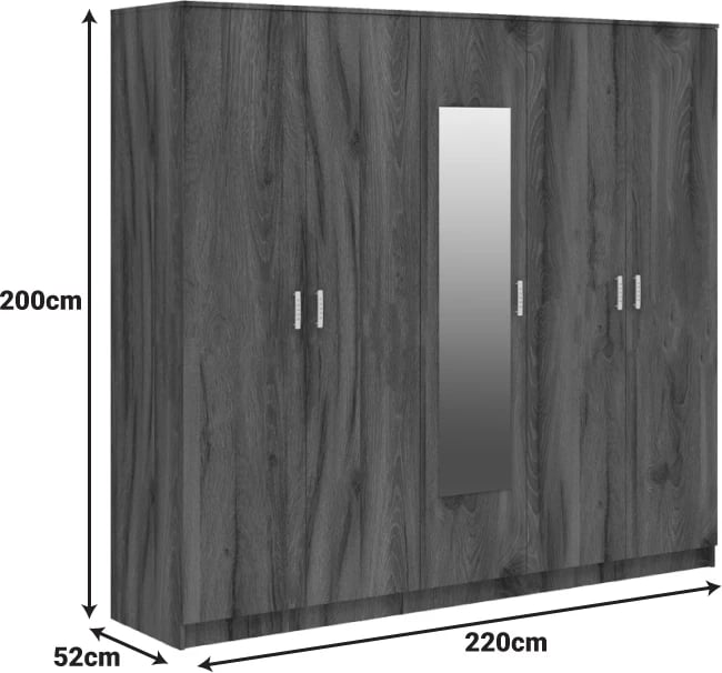 Dollap pesëdyersh me pasqyrë Luna, ngjyrë arre-lisi, 220x52x200cm