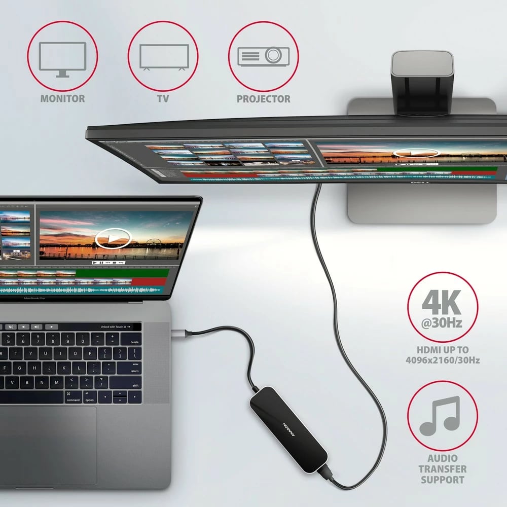 Hub multiport AXAGON HMC-6H4A, 4x USB-A, HDMI, USB-C 3.2 Gen 1, PD 100W, 20cm, zi