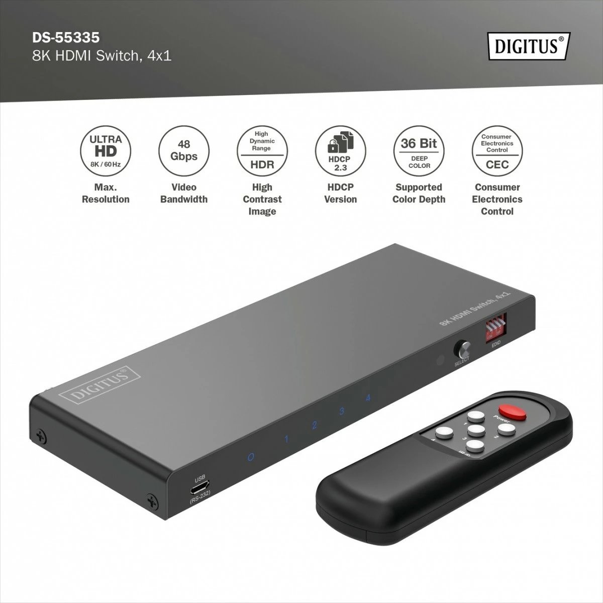 Switch HDMI Digitus DS-55335, 4x1, 8K/60Hz, me telekomandë, i zi