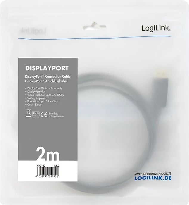 Kabllo DisplayPort LogiLink CV0120, 2 m, e zezë