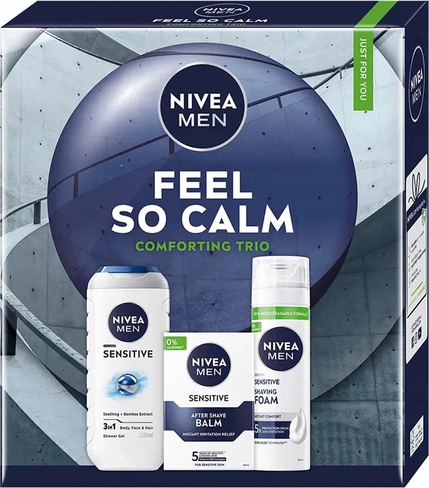 Set për meshkuj Nivea Feel So Calm, xhel dushi 250ml, balsam pas rrojës 100ml, shkumë rroje 200ml