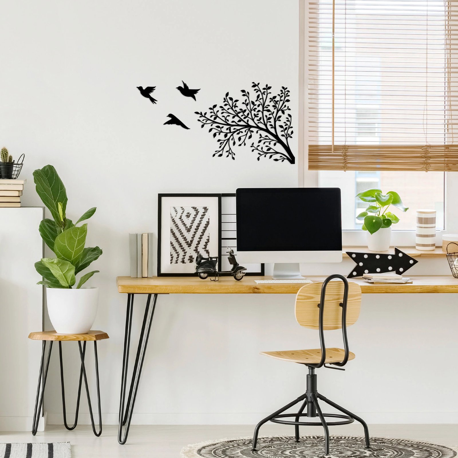 Aksesor dekorativ metalik për mur, degë me zogj, Wallity, 37x70cm