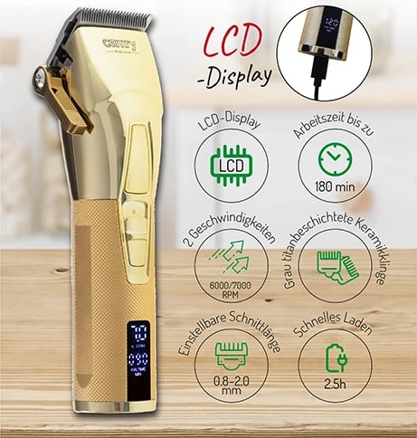Makinë qethëse, Camry, CR 2835, LCD, teh qeramik me veshje titaniumi, 2 shpejtësi 6000/7000 rpm, bateri 2000 mAh deri 180 min, USB-C, ari, set me 8 krehra