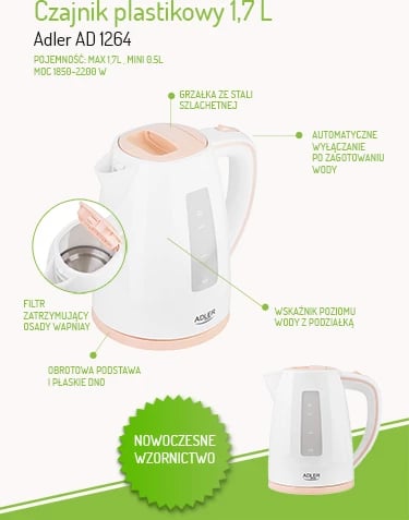 Zierës uji elektrik, Adler, AD 1264, 1.7 L, 2200W, plastikë, bardhë