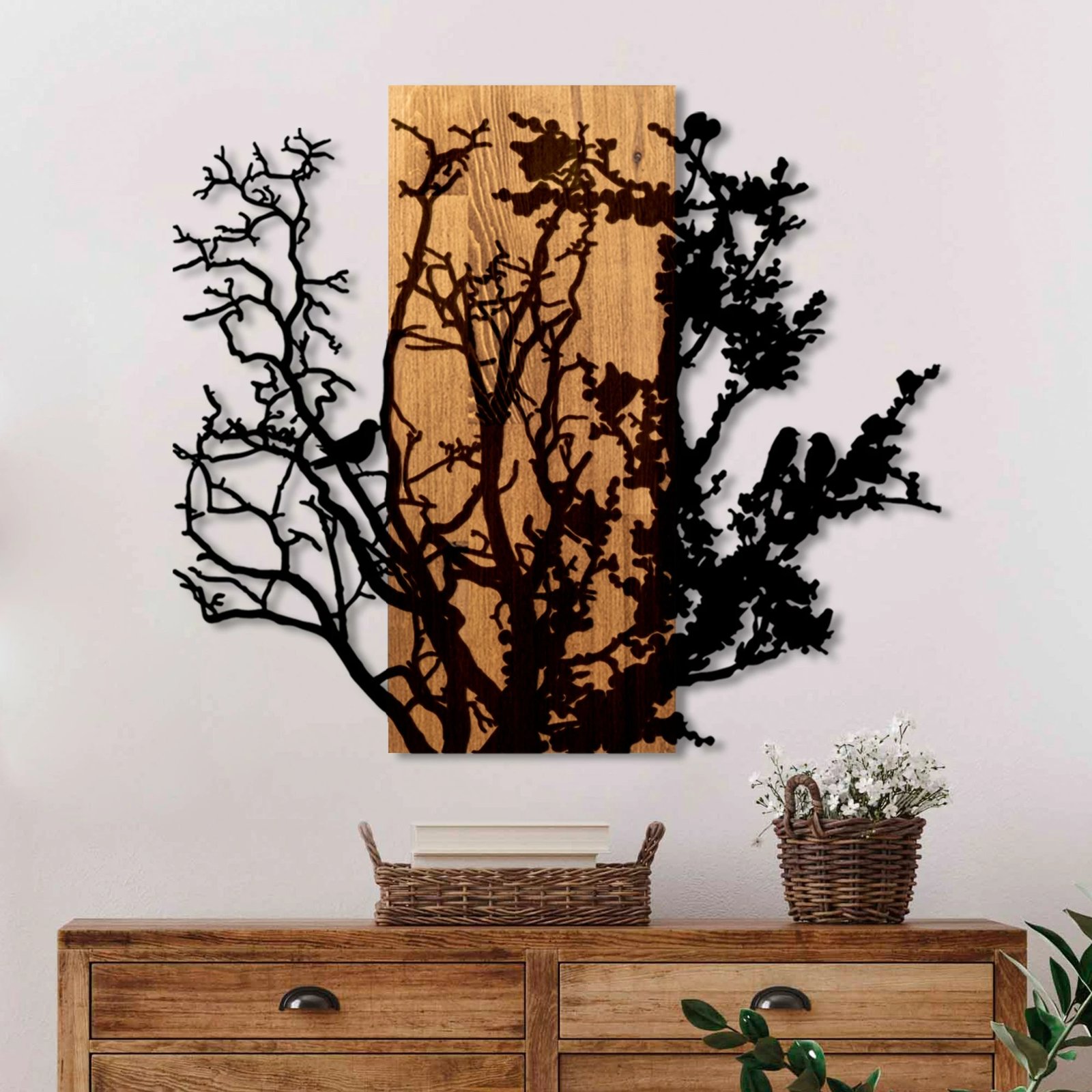 Aksesor dekorativ muri prej druri, Wallity, motiv bari të thatë, ngjyrë arre/zezë, 68x58cm