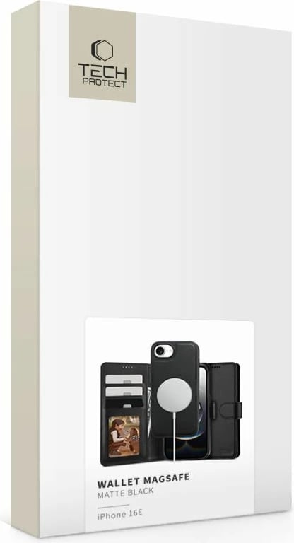 Mbështjellës Tech-Protect Wallet MagSafe për iPhone 16e, i zi, me vend për kartela