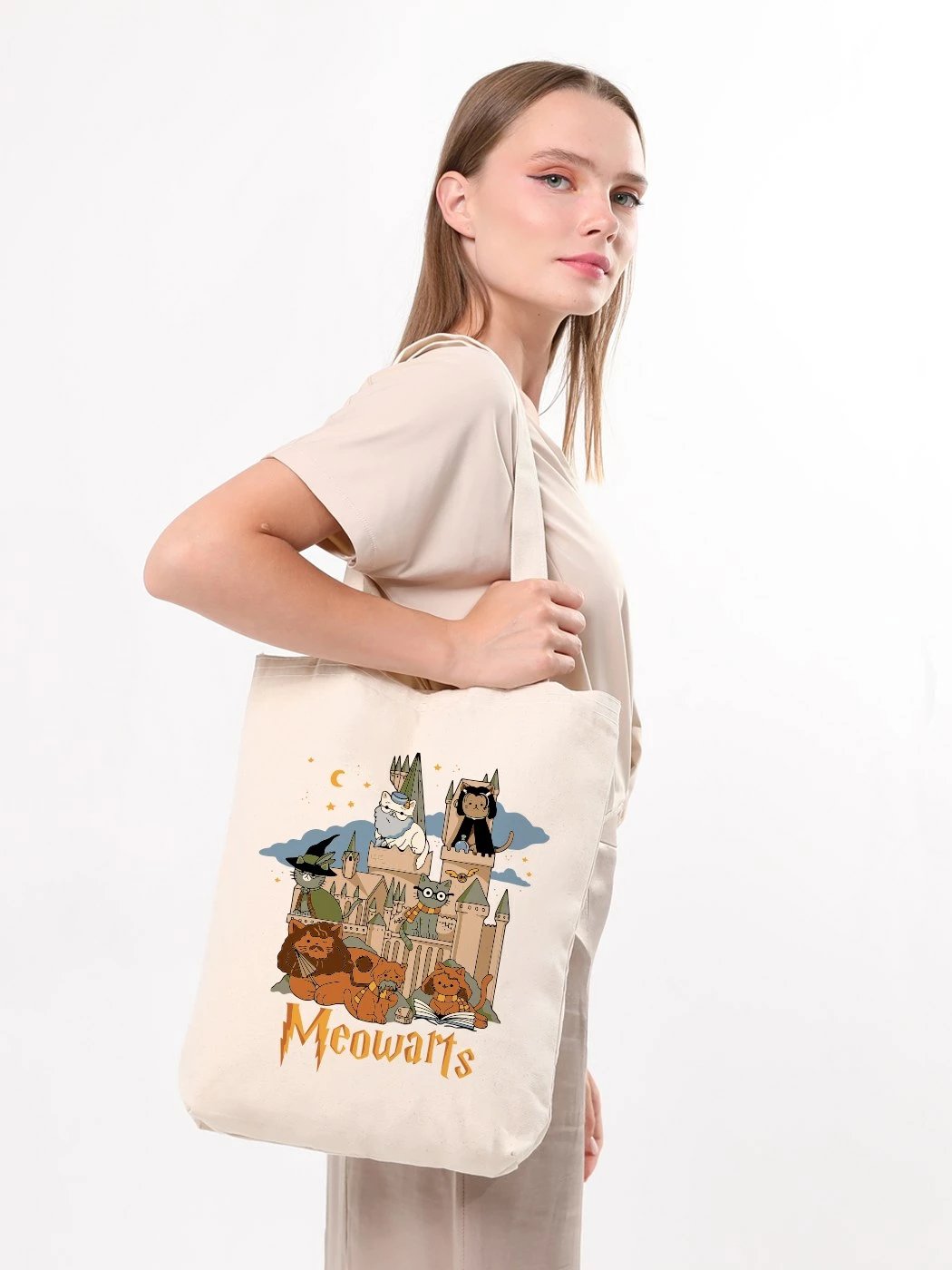 Çantë tote Zoozie Bags, Meowarts, krem, 35x40x8cm