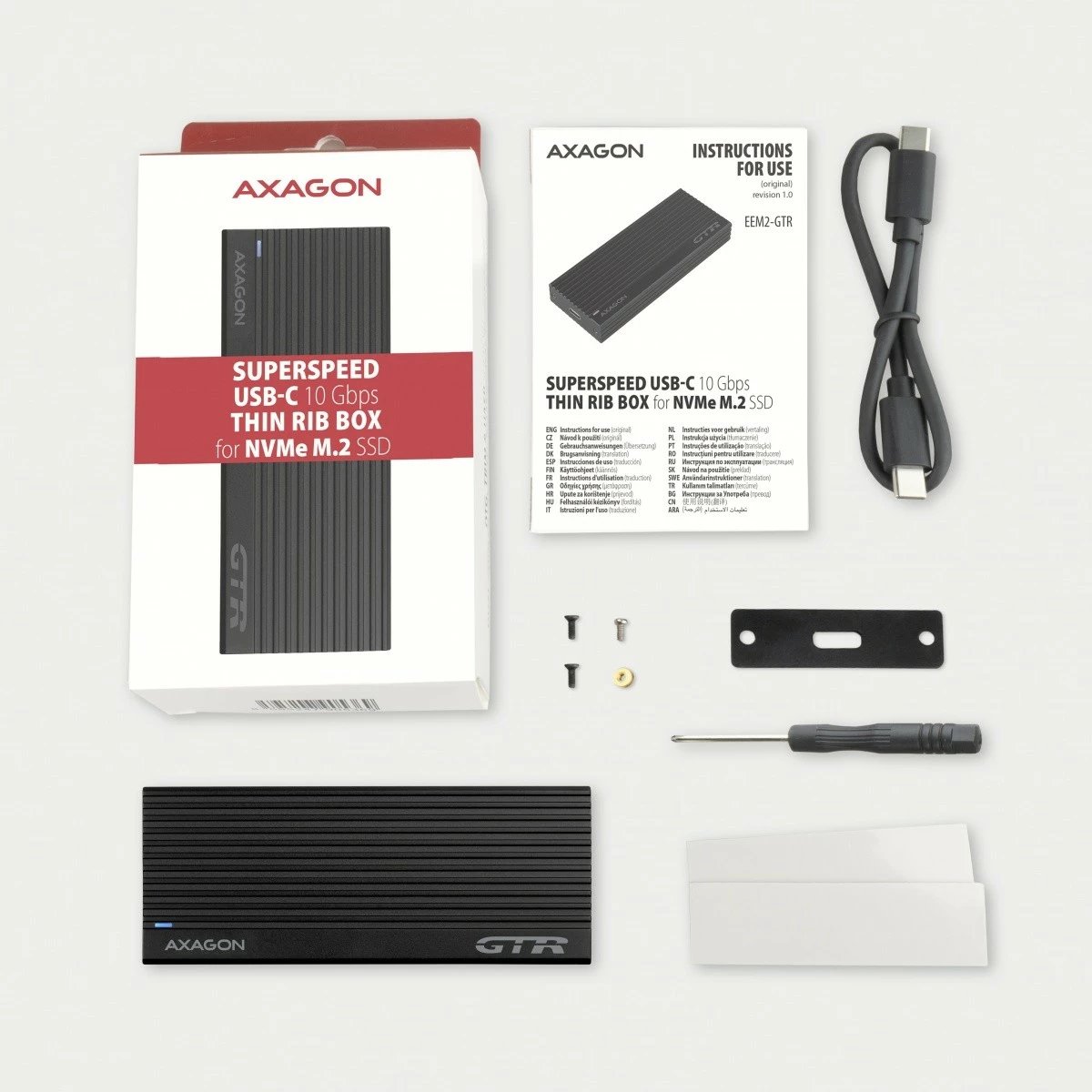 Kasë e jashtme AXAGON EEM2-GTR për NVMe M.2 SSD, USB-C 3.2 Gen 2, Alumini, E zezë