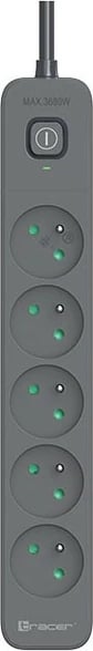 Zgjatës me mbrojtje nga mbitensioni Tracer TRALIS47023 5 priza Type E, kabllo 1.8 m, 3680 W, çelës me dritë, grafit