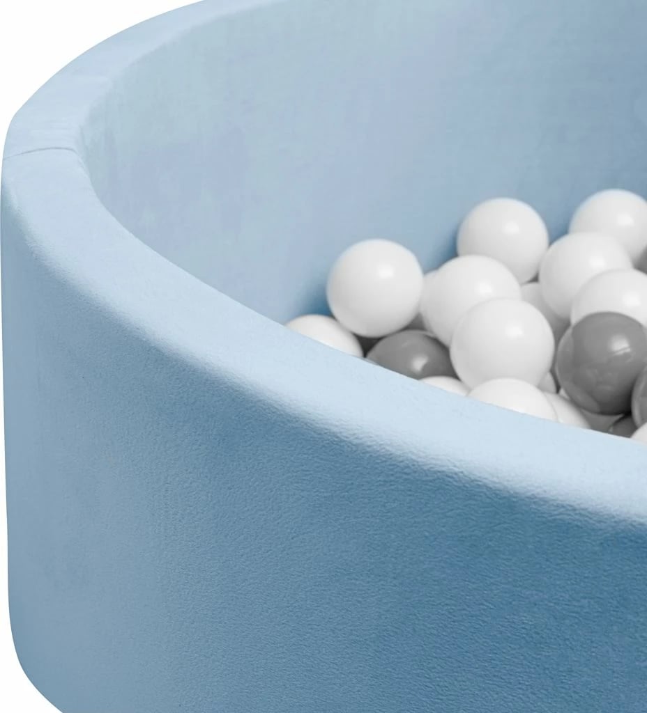 Pishinë e thatë me topa, New Baby, 83×83×30 cm, shkumë poliuretani, 2.2 kg, blu, set 150 topa