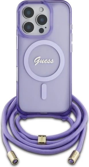 Mbështjellës Guess Crossbody Cord Script MagSafe për iPhone 16 Pro Max, Vjollcë