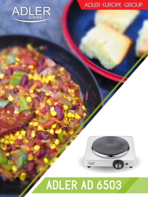 Sobë elektrike me një pllakë, Adler AD 6503, 1500W, pjatë 185 mm, rregullim 5-nivelësh, e bardhë