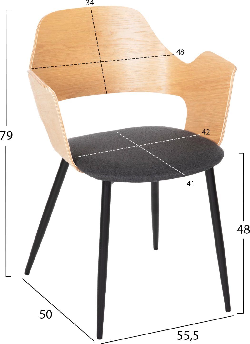 Karrige ngrënieje VELP FH9616.02 dru, ngjyrë natyrale-gri, këmbë metali të zeza, 55,5x50x79H cm, set prej 2 copë