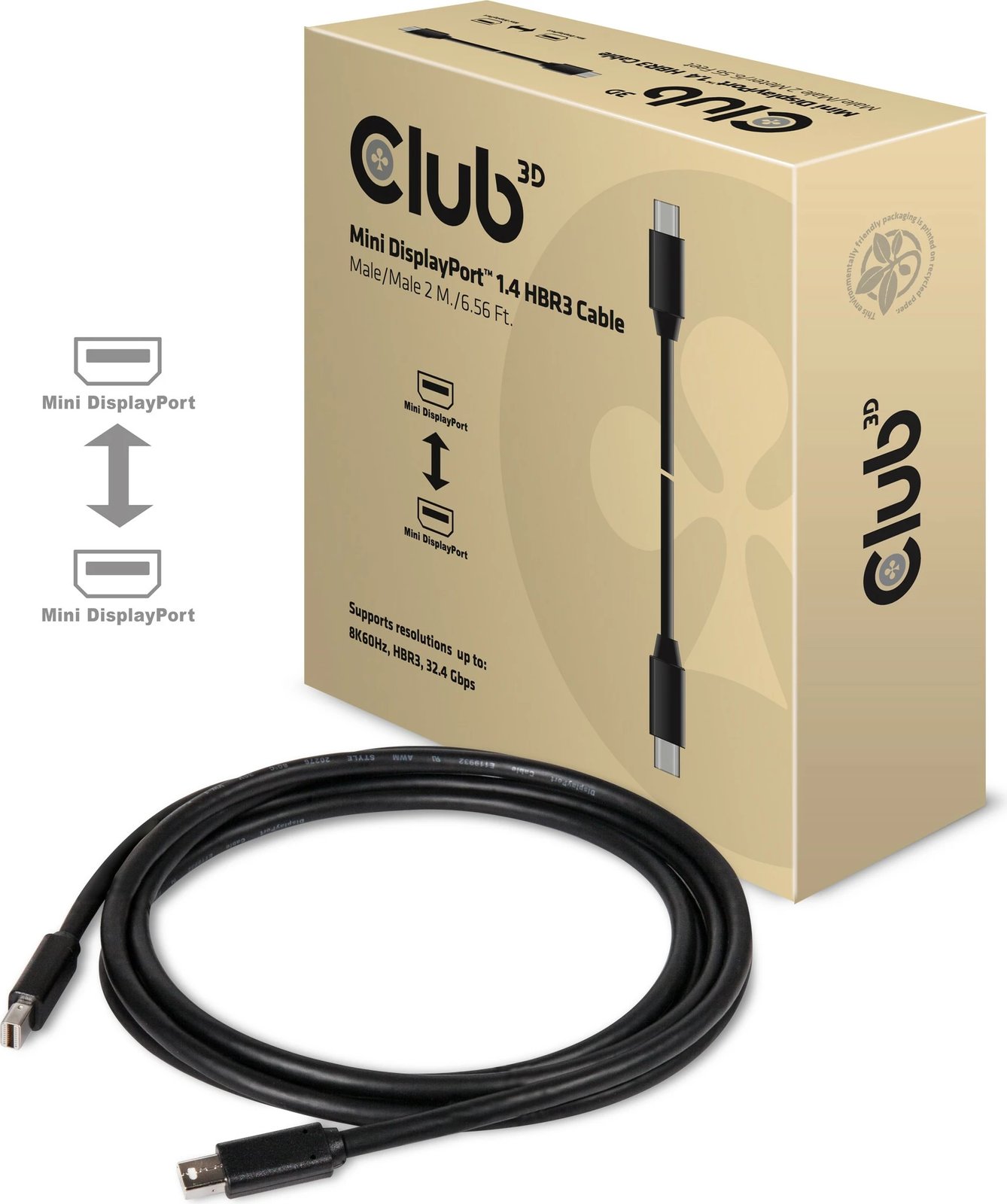 Kabllo Mini DisplayPort Club3D 1.4, 2m, 8K, e zezë