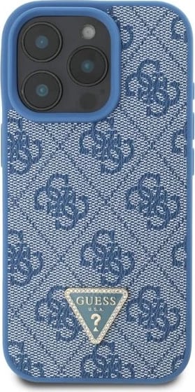 Mbështjellës Guess Leather 4G Triangle Strass për iPhone 16 Pro, MagSafe, Blu