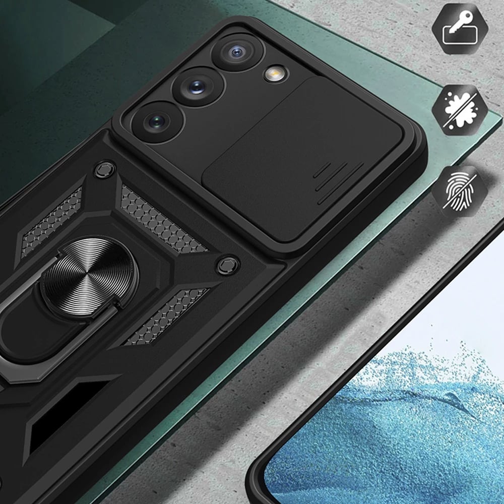 Mbështjellës Hurtel Hybrid Armor Camshield për Samsung Galaxy S23+, me kapak kamere, unazë metalike, Kuq