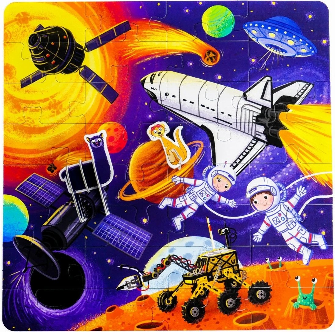 Puzzle për fëmijë Muduko 32 pjesë, Przygody w Kosmosie, me figura kartoni